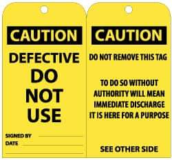 NMC - 3" High x 6" Long, CAUTION - DEFECTIVE - DO NOT USE, English Safety & Facility Lockout Tag - Tag Header: CAUTION, 2 Sides, Black & Yellow Unrippable Vinyl - USA Tool & Supply
