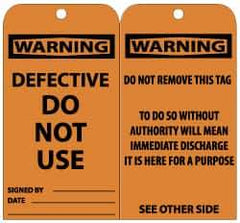 NMC - 3" High x 6" Long, WARNING - DEFECTIVE-DO NOT USE, English Safety & Facility Lockout Tag - Tag Header: Warning, 2 Sides, Black & Orange Unrippable Vinyl - USA Tool & Supply