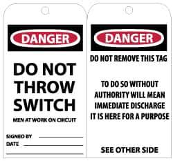NMC - 3" High x 6" Long, DANGER - DO NOT THROW SWITCH - MEN AT WORK ON CIRCUIT, English Safety & Facility Lockout Tag - Tag Header: Danger, 2 Sides, Black, Red & White Unrippable Vinyl - USA Tool & Supply