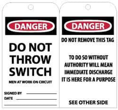 NMC - 3" High x 6" Long, DANGER - DO NOT THROW SWITCH - MEN AT WORK ON CIRCUIT, English Safety & Facility Lockout Tag - Tag Header: Danger, 2 Sides, Black, Red & White Unrippable Vinyl - USA Tool & Supply