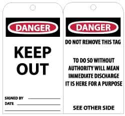 NMC - 3" High x 6" Long, DANGER - KEEP OUT, English Safety & Facility Accident Prevention Tag - Tag Header: Danger, 2 Sides, Black, Red & White Unrippable Vinyl - USA Tool & Supply