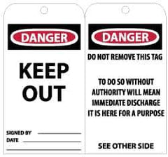 NMC - 3" High x 6" Long, DANGER - KEEP OUT, English Safety & Facility Accident Prevention Tag - Tag Header: Danger, 2 Sides, Black, Red & White Unrippable Vinyl - USA Tool & Supply