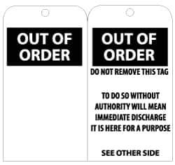 NMC - 3" High x 6" Long, OUT OF ORDER, English Safety & Facility Lockout Tag - Tag Header: Notice, 2 Sides, Black & White Unrippable Vinyl - USA Tool & Supply