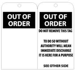 NMC - 3" High x 6" Long, OUT OF ORDER, English Safety & Facility Lockout Tag - Tag Header: Notice, 2 Sides, Black & White Unrippable Vinyl - USA Tool & Supply