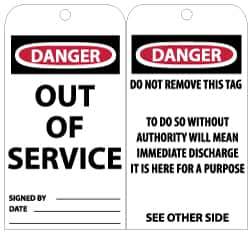 NMC - 3" High x 6" Long, Danger - Out of Service, English Safety & Facility Lockout Tag - Tag Header: Danger, 2 Sides, Black, Red & White Unrippable Vinyl - USA Tool & Supply