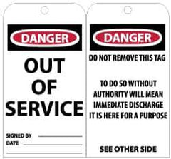 NMC - 3" High x 6" Long, Danger - Out of Service, English Safety & Facility Lockout Tag - Tag Header: Danger, 2 Sides, Black, Red & White Unrippable Vinyl - USA Tool & Supply