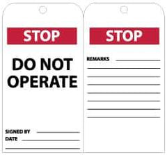 NMC - 3" High x 6" Long, STOP - DO NOT OPERATE, English Safety & Facility Lockout Tag - Tag Header: CAUTION, 2 Sides, Black, Red & White Unrippable Vinyl - USA Tool & Supply