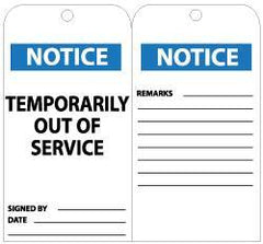 NMC - 3" High x 6" Long, NOTICE - TEMPORARIILY OUT OF SERVICE, English Safety & Facility Lockout Tag - Tag Header: Notice, 2 Sides, Black, White & Blue Unrippable Vinyl - USA Tool & Supply