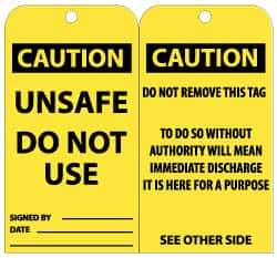 NMC - 3" High x 6" Long, CAUTION - UNSAFE - DO NOT USE, English Safety & Facility Lockout Tag - Tag Header: CAUTION, 2 Sides, Black & Yellow Unrippable Vinyl - USA Tool & Supply