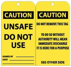 NMC - 3" High x 6" Long, CAUTION - UNSAFE - DO NOT USE, English Safety & Facility Lockout Tag - Tag Header: CAUTION, 2 Sides, Black & Yellow Unrippable Vinyl - USA Tool & Supply