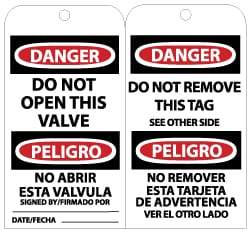 NMC - 3" High x 6" Long, DANGER - DO NOT OPEN THIS VALVE, English Safety & Facility Lockout Tag - Tag Header: Danger, 2 Sides, Black, Red & White Unrippable Vinyl - USA Tool & Supply