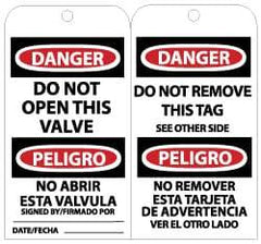 NMC - 3" High x 6" Long, DANGER - DO NOT OPEN THIS VALVE, English Safety & Facility Lockout Tag - Tag Header: Danger, 2 Sides, Black, Red & White Unrippable Vinyl - USA Tool & Supply