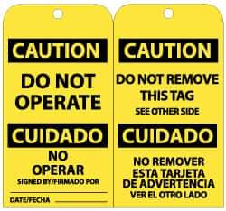 NMC - 3" High x 6" Long, CAUTION - DO NOT OPERATE, English Safety & Facility Lockout Tag - Tag Header: CAUTION, 2 Sides, Black & Yellow Unrippable Vinyl - USA Tool & Supply