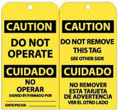 NMC - 3" High x 6" Long, CAUTION - DO NOT OPERATE, English Safety & Facility Lockout Tag - Tag Header: CAUTION, 2 Sides, Black & Yellow Unrippable Vinyl - USA Tool & Supply