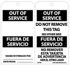 NMC - 3" High x 6" Long, OUT OF SERVICE, English Safety & Facility Lockout Tag - Tag Header: Notice, 2 Sides, Black & White Unrippable Vinyl - USA Tool & Supply