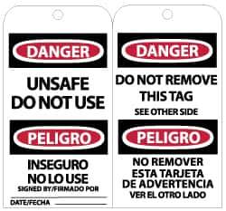 NMC - 3" High x 6" Long, DANGER - UNSAFE DO NOT USE, English Safety & Facility Lockout Tag - Tag Header: Danger, 2 Sides, Black, Red & White Unrippable Vinyl - USA Tool & Supply