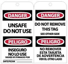 NMC - 3" High x 6" Long, DANGER - UNSAFE DO NOT USE, English Safety & Facility Lockout Tag - Tag Header: Danger, 2 Sides, Black, Red & White Unrippable Vinyl - USA Tool & Supply