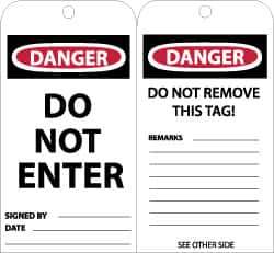 NMC - 3" High x 6" Long, DANGER - DO NOT ENTER, English Safety & Facility Lockout Tag - Tag Header: Danger, 2 Sides, Black, Red & White Unrippable Vinyl - USA Tool & Supply