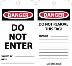NMC - 3" High x 6" Long, DANGER - DO NOT ENTER, English Safety & Facility Lockout Tag - Tag Header: Danger, 2 Sides, Black, Red & White Unrippable Vinyl - USA Tool & Supply