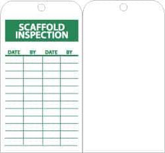NMC - 3" High x 6" Long, SCAFFOLD INSPECTION, English Safety & Facility Inspection Tag - Tag Header: Notice, 1 Side, Green & White Unrippable Vinyl - USA Tool & Supply