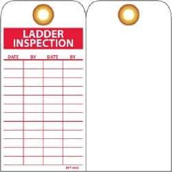 NMC - 3" High x 6" Long, LADDER INSPECTION, English Safety & Facility Inspection Tag - Tag Header: Danger, 1 Side, Red & White Unrippable Vinyl - USA Tool & Supply