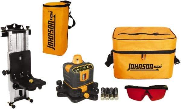 Johnson Level & Tool - 800' (Exterior) Measuring Range, 1/4" at 100' Accuracy, Manual-Leveling Rotary Laser - 150 to 300 RPM, 2 Beams, AA Battery Included - USA Tool & Supply