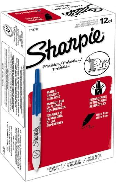 Sharpie - Blue Permanent Marker - Retractable Ultra Fine Tip, Alcohol Based Ink - USA Tool & Supply