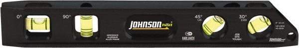 Johnson Level & Tool - Magnetic 9" Long 4 Vial Torpedo Level - Aluminum, Black, 1 30°, 1 45°, 1 Plumb & 1 Level Vial - USA Tool & Supply