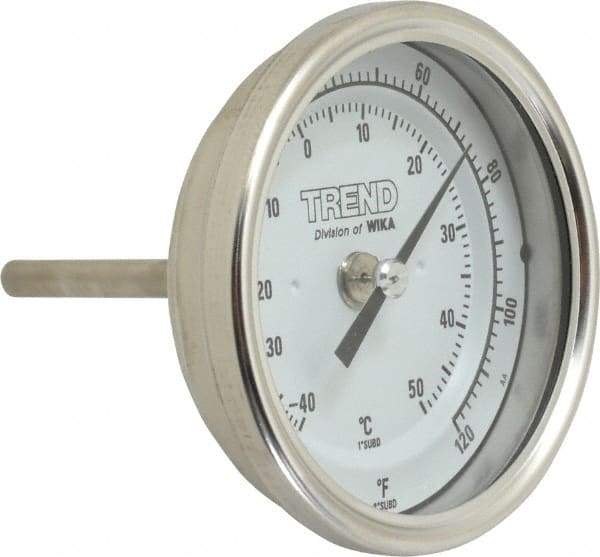 Wika - 2-1/2 Inch Long Stem, 3 Inch Dial Diameter, Stainless Steel, Back Connected Bi-Metal Thermometer - -40 to 50°C, 1% Accuracy - USA Tool & Supply