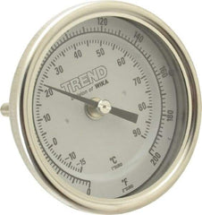 Wika - 2-1/2 Inch Long Stem, 3 Inch Dial Diameter, Stainless Steel, Back Connected Bi-Metal Thermometer - -15 to 90°C, 1% Accuracy - USA Tool & Supply