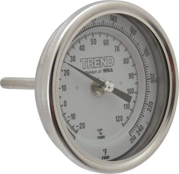Wika - 2-1/2 Inch Long Stem, 3 Inch Dial Diameter, Stainless Steel, Back Connected Bi-Metal Thermometer - -20 to 120°C, 1% Accuracy - USA Tool & Supply
