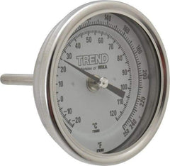 Wika - 2-1/2 Inch Long Stem, 3 Inch Dial Diameter, Stainless Steel, Back Connected Bi-Metal Thermometer - -20 to 120°C, 1% Accuracy - USA Tool & Supply