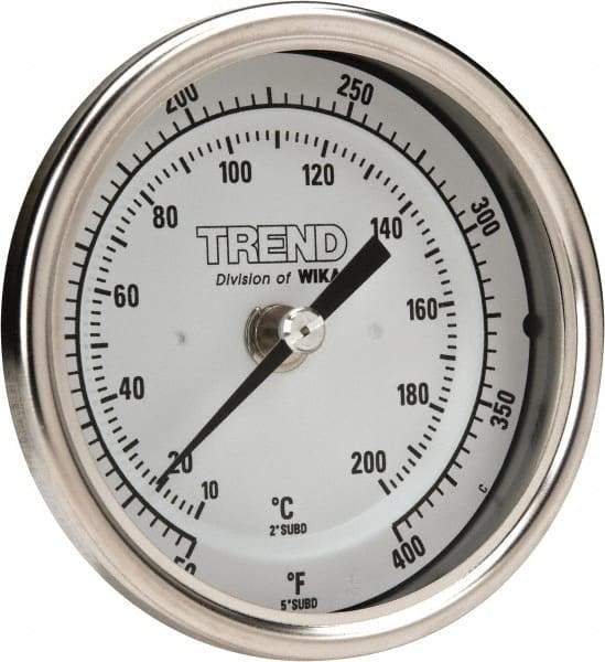 Wika - 2-1/2 Inch Long Stem, 3 Inch Dial Diameter, Stainless Steel, Back Connected Bi-Metal Thermometer - 10 to 200°C, 1% Accuracy - USA Tool & Supply