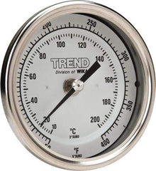 Wika - 2-1/2 Inch Long Stem, 3 Inch Dial Diameter, Stainless Steel, Back Connected Bi-Metal Thermometer - 10 to 200°C, 1% Accuracy - USA Tool & Supply