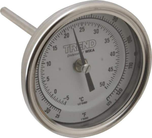 Wika - 4 Inch Long Stem, 3 Inch Dial Diameter, Stainless Steel, Back Connected Bi-Metal Thermometer - -5 to 50°C, 1% Accuracy - USA Tool & Supply