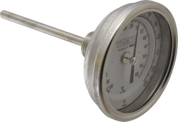 Wika - 4 Inch Long Stem, 3 Inch Dial Diameter, Stainless Steel, Back Connected Bi-Metal Thermometer - -20 to 60°C, 1% Accuracy - USA Tool & Supply