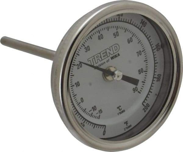 Wika - 4 Inch Long Stem, 3 Inch Dial Diameter, Stainless Steel, Back Connected Bi-Metal Thermometer - -15 to 90°C, 1% Accuracy - USA Tool & Supply