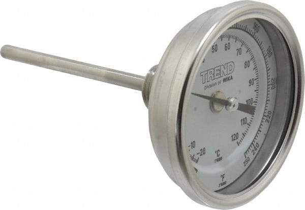 Wika - 4 Inch Long Stem, 3 Inch Dial Diameter, Stainless Steel, Back Connected Bi-Metal Thermometer - -20 to 120°C, 1% Accuracy - USA Tool & Supply