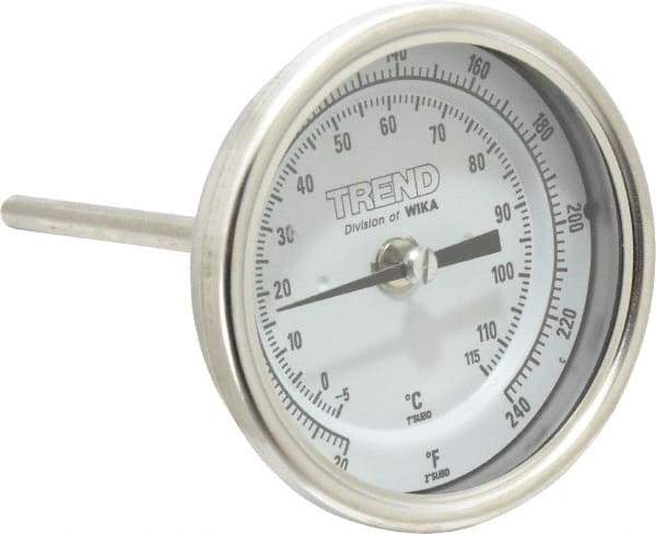 Wika - 4 Inch Long Stem, 3 Inch Dial Diameter, Stainless Steel, Back Connected Bi-Metal Thermometer - -5 to 115°C, 1% Accuracy - USA Tool & Supply