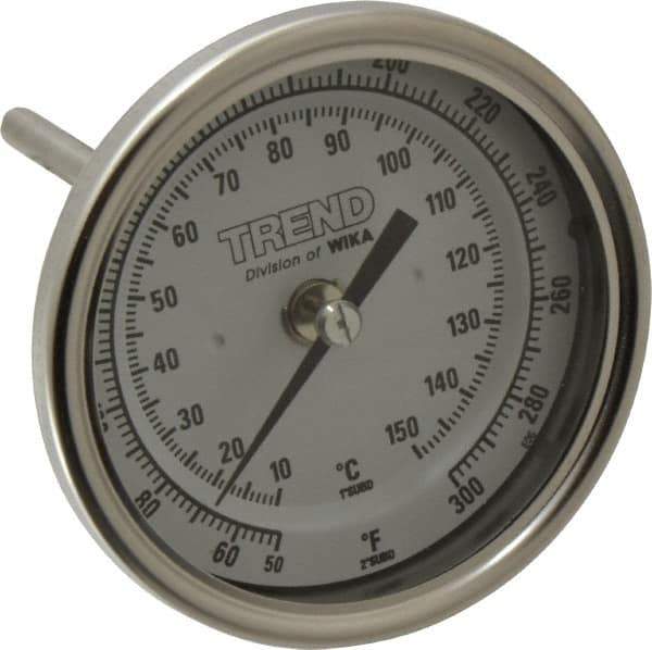Wika - 4 Inch Long Stem, 3 Inch Dial Diameter, Stainless Steel, Back Connected Bi-Metal Thermometer - 10 to 150°C, 1% Accuracy - USA Tool & Supply