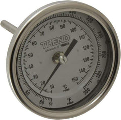 Wika - 4 Inch Long Stem, 3 Inch Dial Diameter, Stainless Steel, Back Connected Bi-Metal Thermometer - 10 to 150°C, 1% Accuracy - USA Tool & Supply