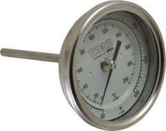 Wika - 4 Inch Long Stem, 3 Inch Dial Diameter, Stainless Steel, Back Connected Bi-Metal Thermometer - 10 to 200°C, 1% Accuracy - USA Tool & Supply