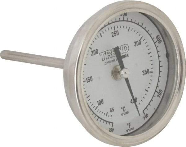 Wika - 4 Inch Long Stem, 3 Inch Dial Diameter, Stainless Steel, Back Connected Bi-Metal Thermometer - 65 to 400°C, 1% Accuracy - USA Tool & Supply