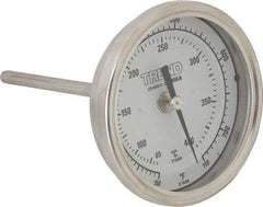 Wika - 4 Inch Long Stem, 3 Inch Dial Diameter, Stainless Steel, Back Connected Bi-Metal Thermometer - 65 to 400°C, 1% Accuracy - USA Tool & Supply