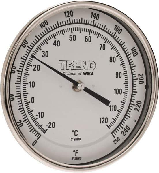 Wika - 2-1/2 Inch Long Stem, 5 Inch Dial Diameter, Stainless Steel, Back Connected Bi-Metal Thermometer - -20 to 120°C, 1% Accuracy - USA Tool & Supply