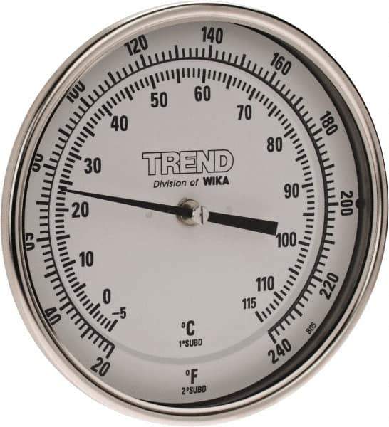 Wika - 2-1/2 Inch Long Stem, 5 Inch Dial Diameter, Stainless Steel, Back Connected Bi-Metal Thermometer - -5 to 115°C, 1% Accuracy - USA Tool & Supply