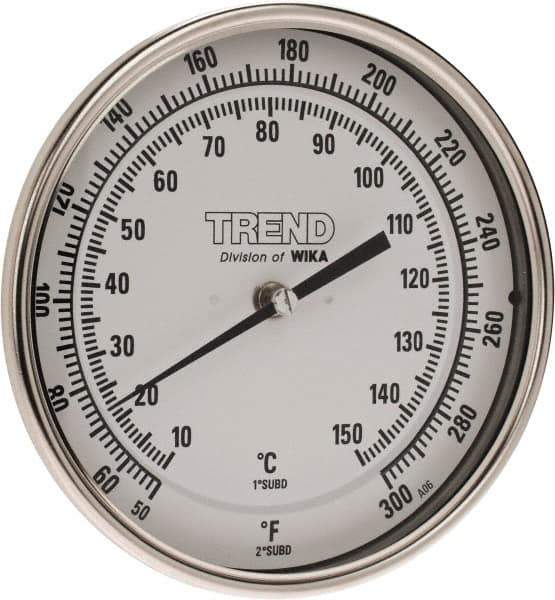 Wika - 2-1/2 Inch Long Stem, 5 Inch Dial Diameter, Stainless Steel, Back Connected Bi-Metal Thermometer - 10 to 150°C, 1% Accuracy - USA Tool & Supply