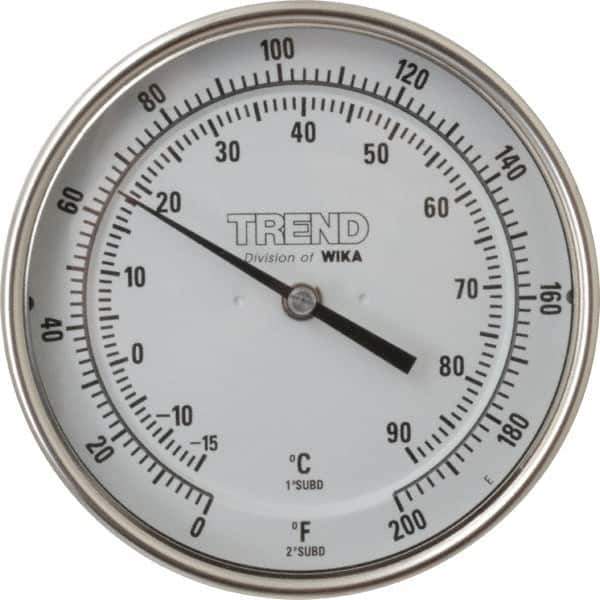 Wika - 4 Inch Long Stem, 5 Inch Dial Diameter, Stainless Steel, Back Connected Bi-Metal Thermometer - -15 to 90°C, 1% Accuracy - USA Tool & Supply