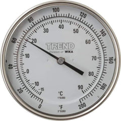 Wika - 4 Inch Long Stem, 5 Inch Dial Diameter, Stainless Steel, Back Connected Bi-Metal Thermometer - -15 to 90°C, 1% Accuracy - USA Tool & Supply