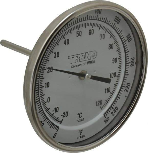 Wika - 4 Inch Long Stem, 5 Inch Dial Diameter, Stainless Steel, Back Connected Bi-Metal Thermometer - -20 to 120°C, 1% Accuracy - USA Tool & Supply